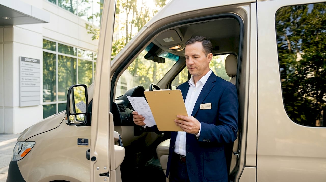 Driver preparing shuttle transport with call sheet in vehicle