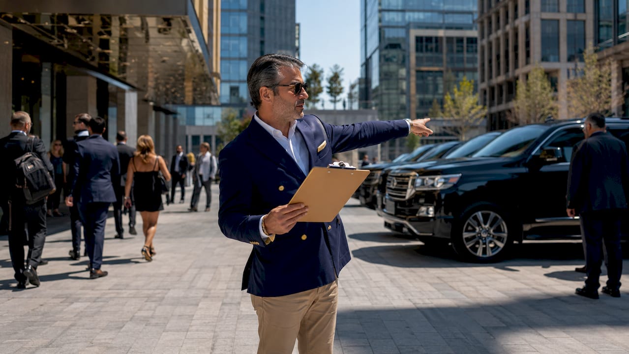 Transport coordinator managing limousine schedules outdoors