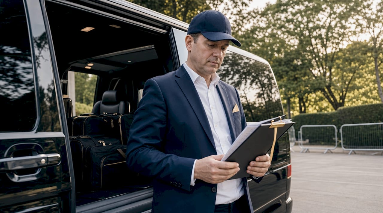 Driver inspecting broadcast shuttle vehicle
