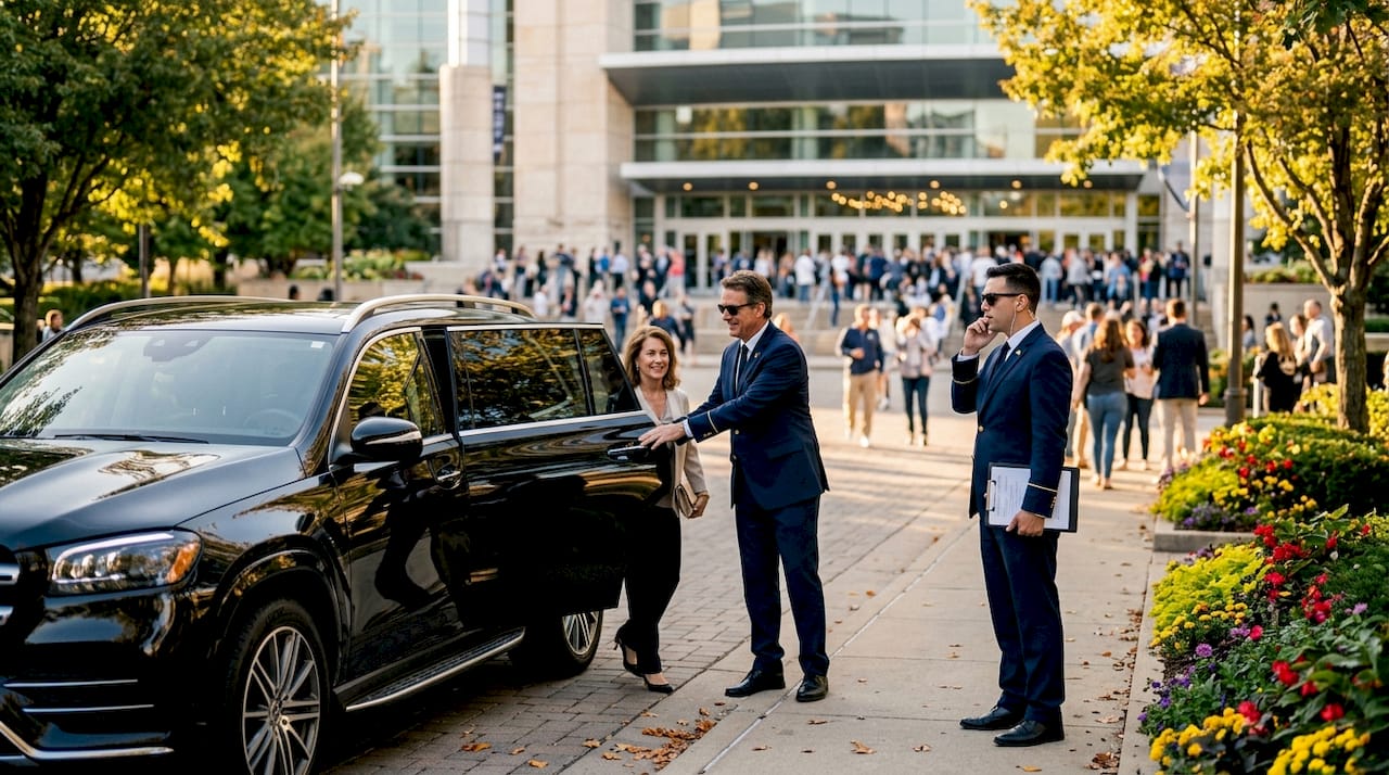Luxury SUV and chauffeurs at sports venue entrance