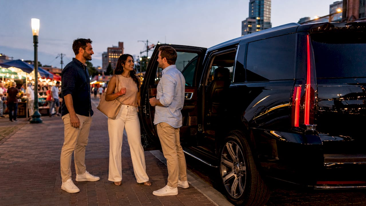 Group boarding luxury SUV near stadium curbside