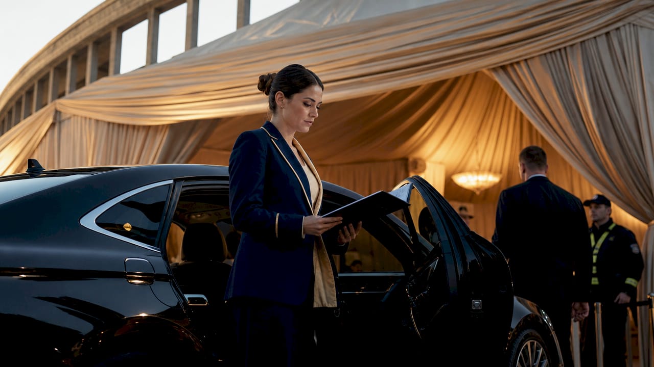 Luxury car at VIP staging area with uniformed driver