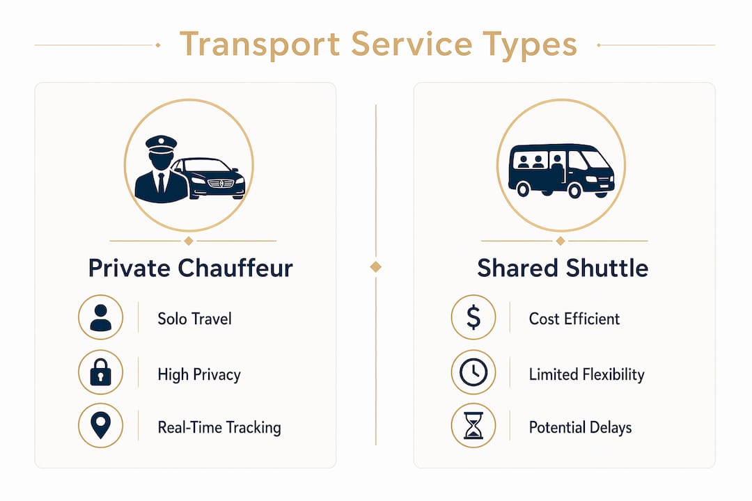 Infographic comparing private chauffeur and shared shuttle services