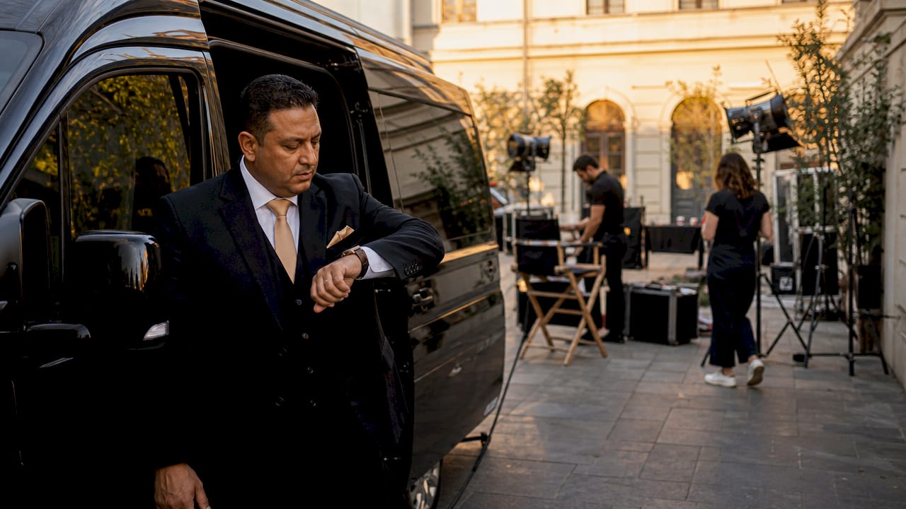 Luxury van arriving on film production set