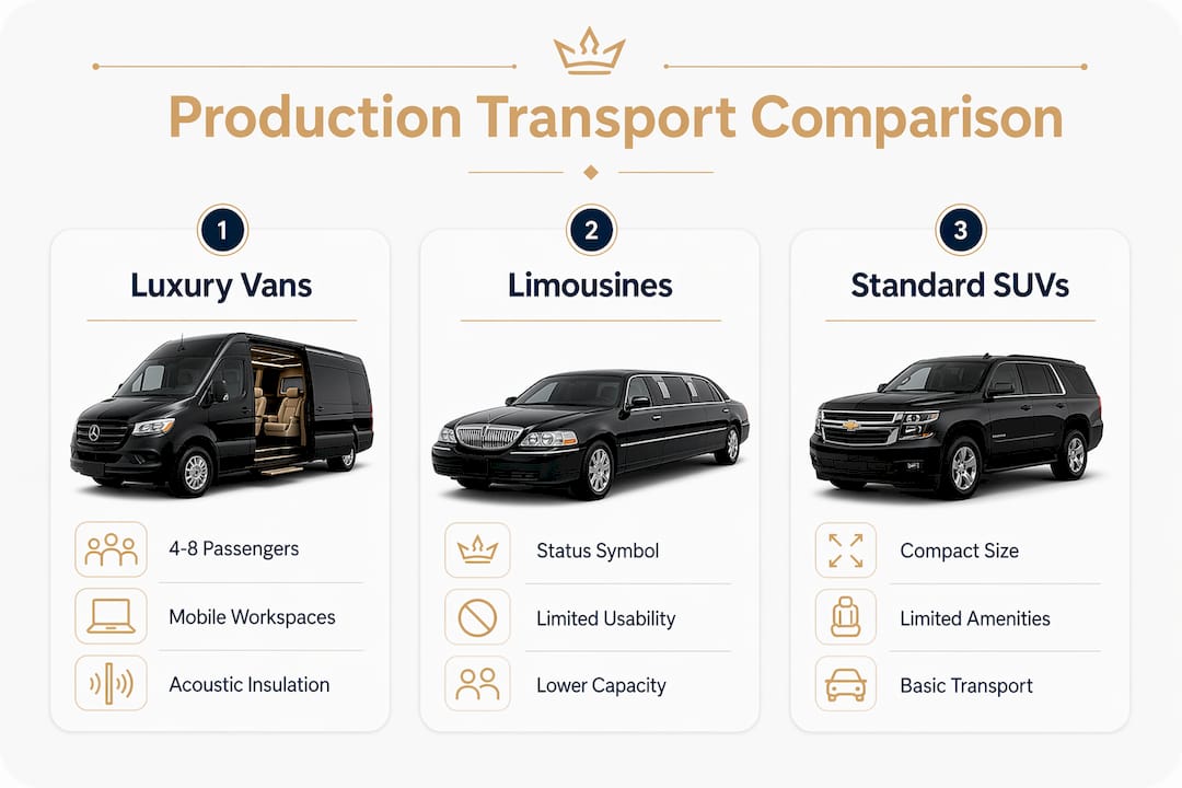 Infographic comparing luxury vans, limousines, and SUVs for production