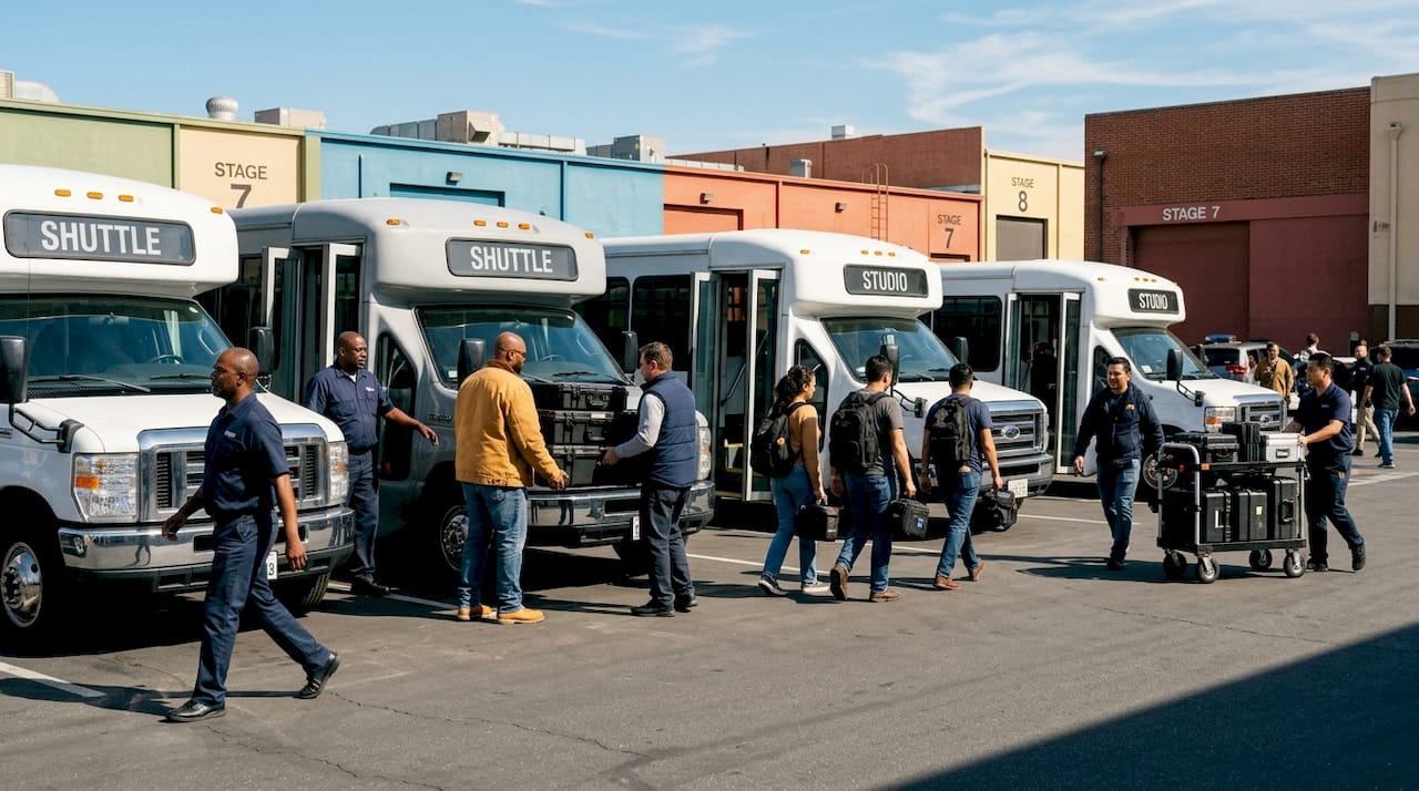 Shuttle buses loading crew on studio lot