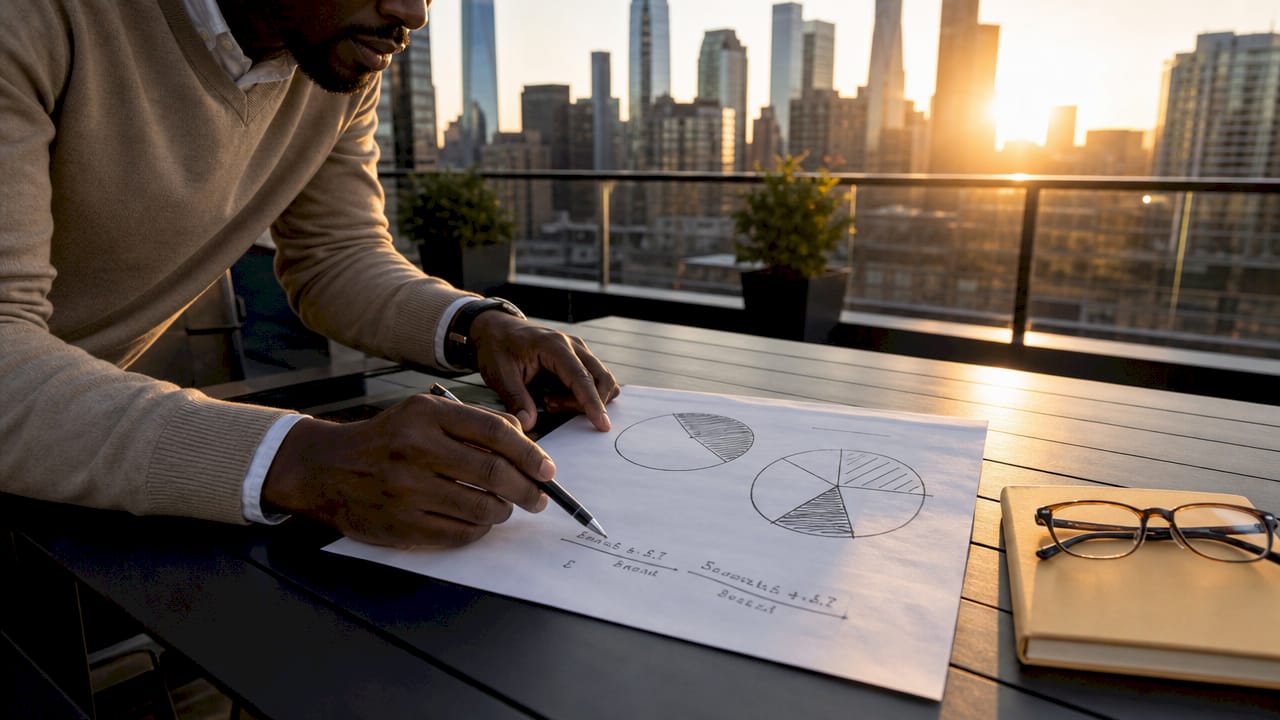Close-up of hands pointing to utilization formula on table