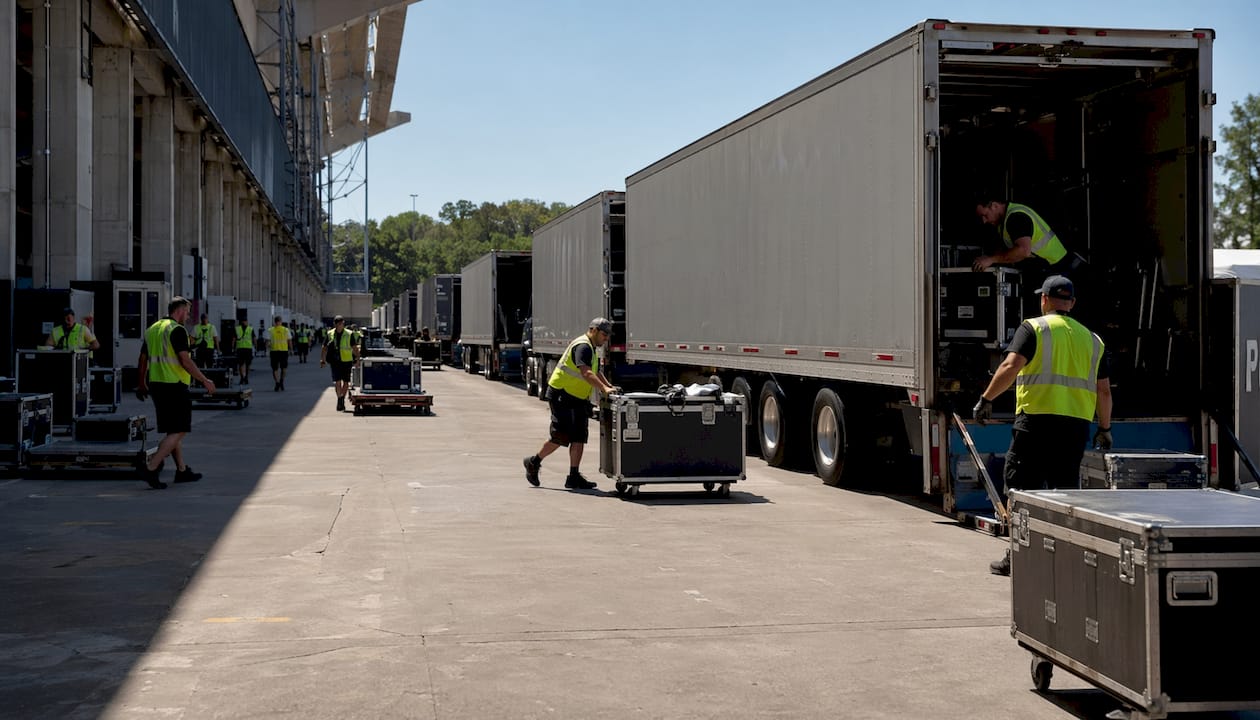 Convoy of production trucks at stadium loading