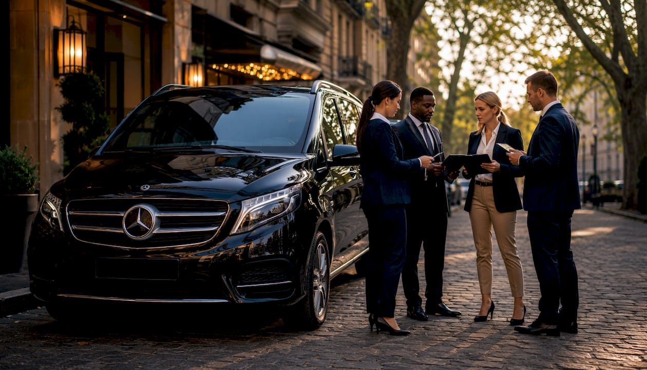 Hospitality team prepping near Mercedes V-Class