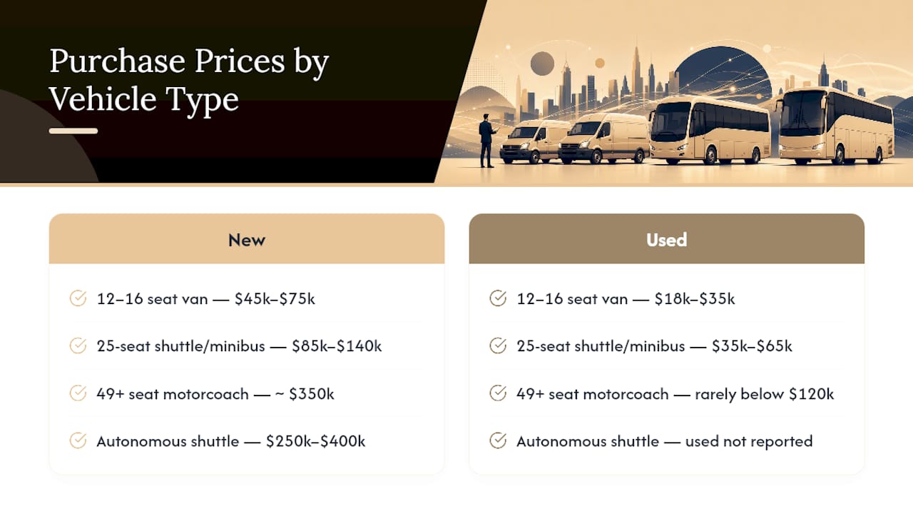 Purchase price ranges for shuttle vehicle types