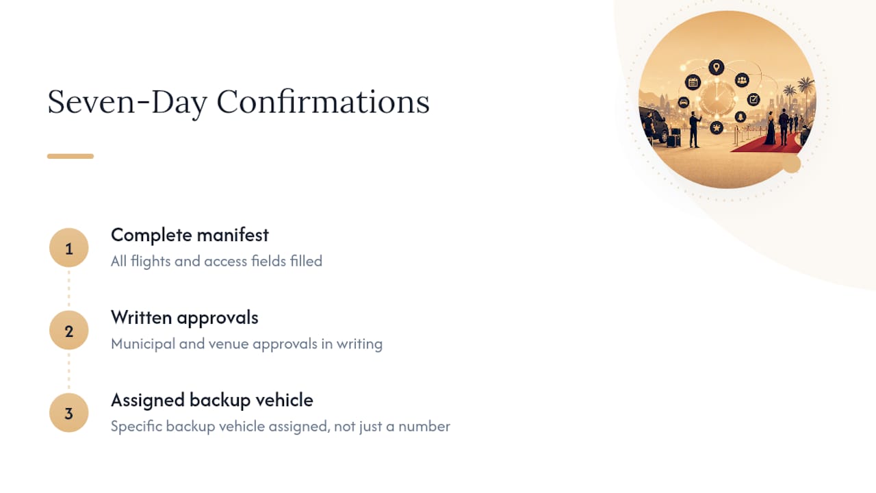 Three event week logistics confirmations