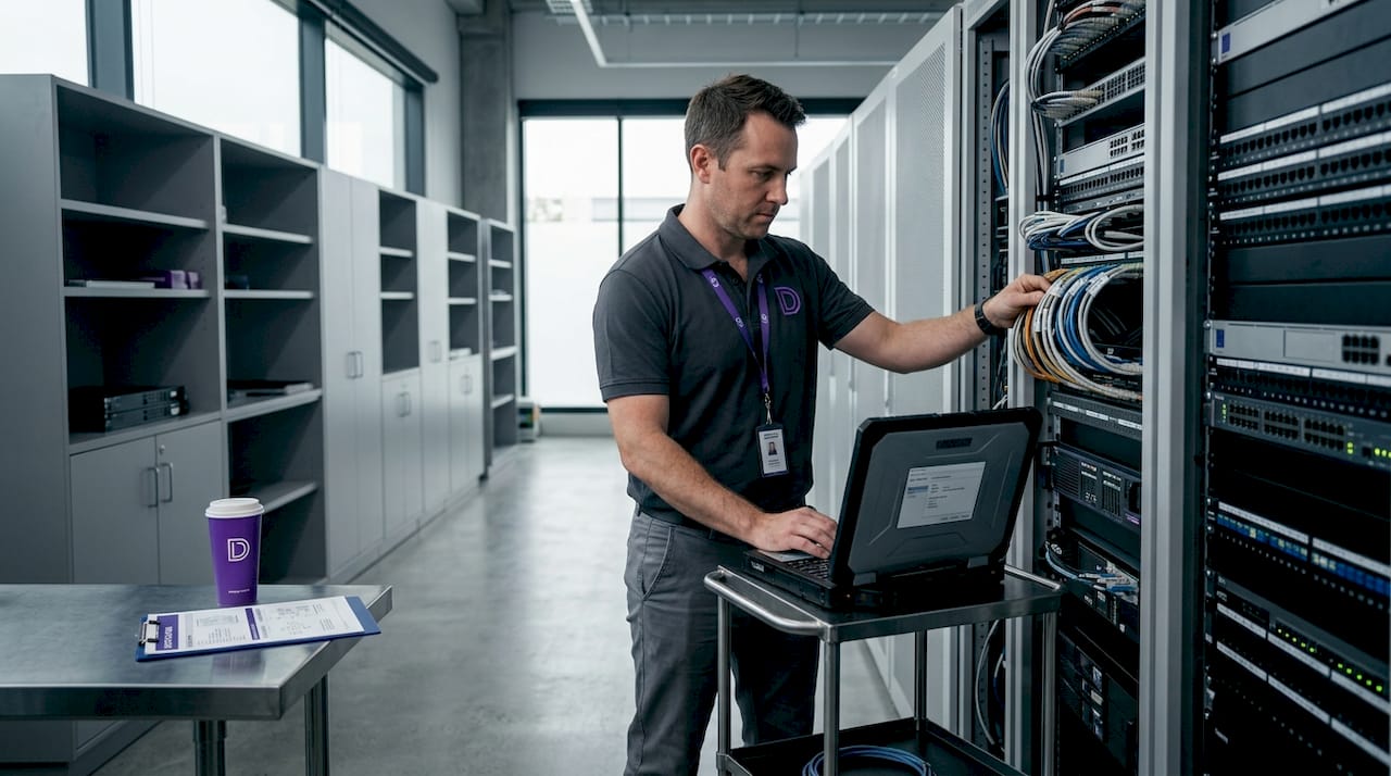 IT specialist configures server for hosting