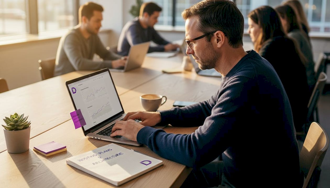Businessman on laptop researching shared hosting