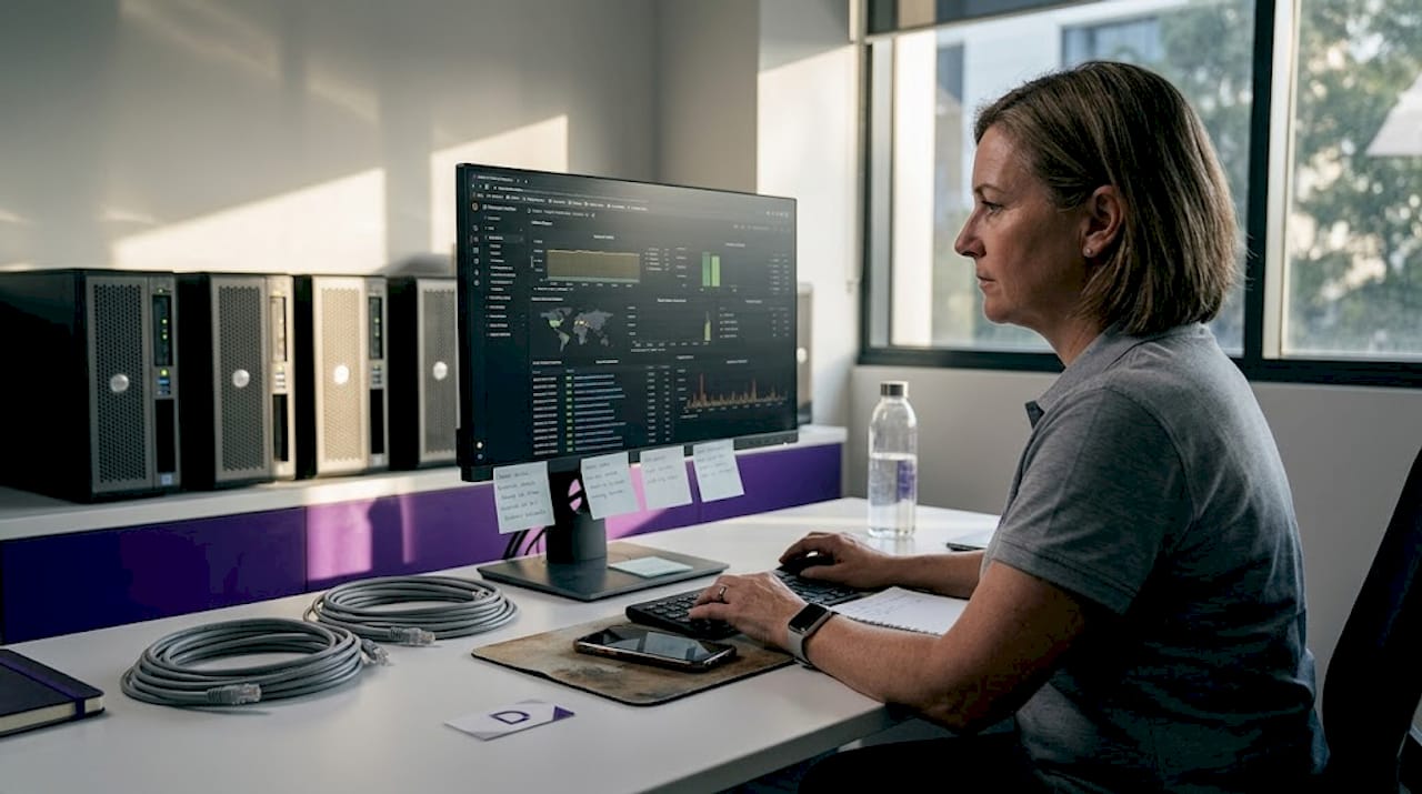 Systems administrator monitoring shared hosting server