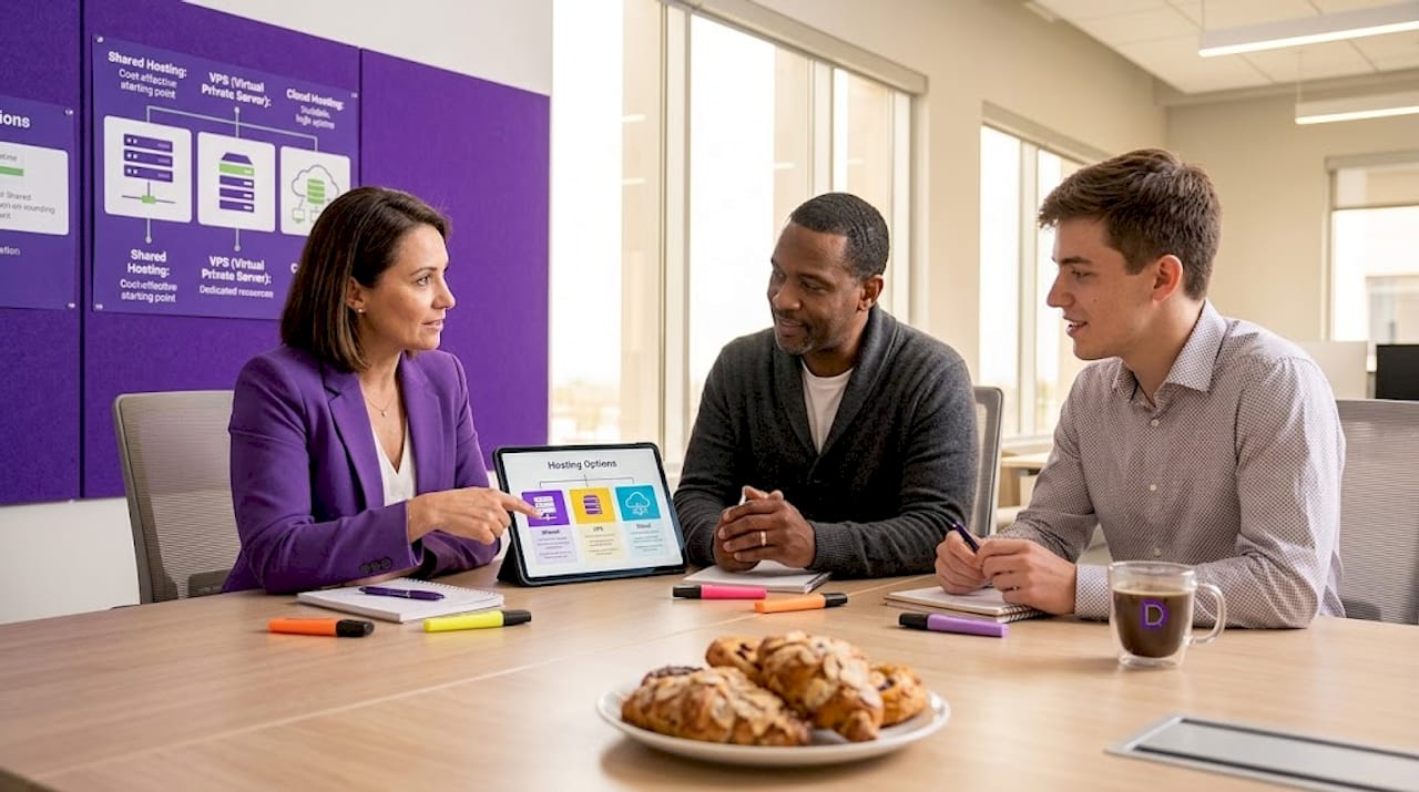 Team reviewing web hosting service comparison