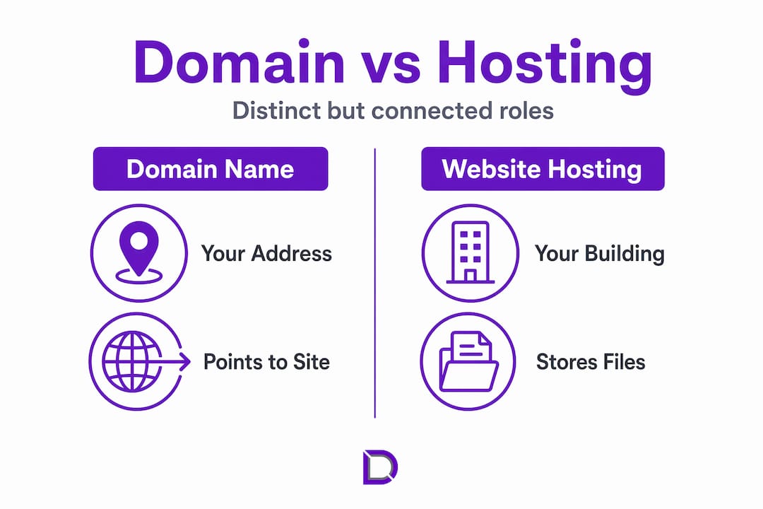 Split infographic for domain name versus website hosting