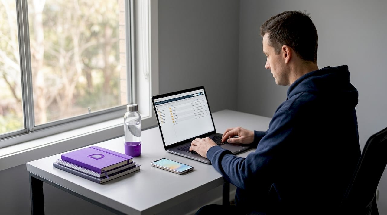 Person managing website files at home
