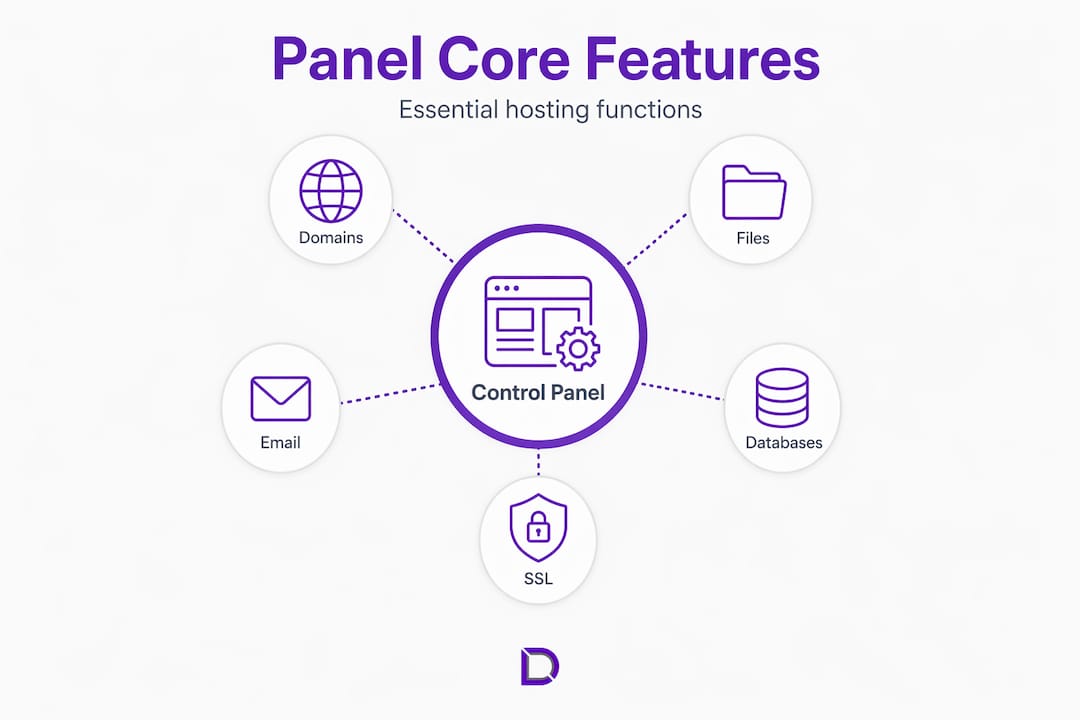 Infographic showing hosting control panel main features
