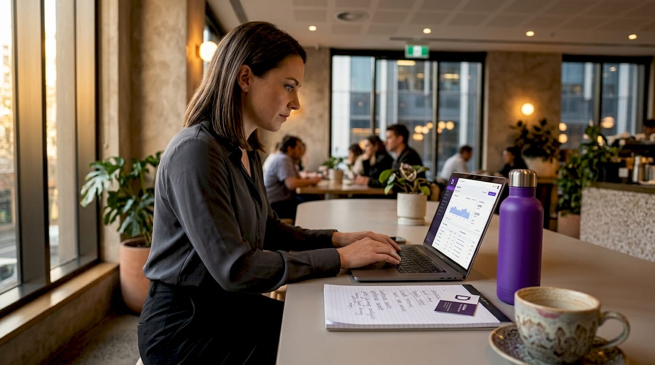 Businesswoman reviewing website speed in Melbourne workspace