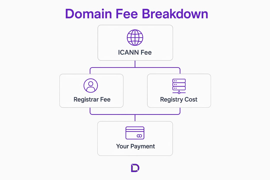 Hierarchical infographic showing domain name fee breakdown