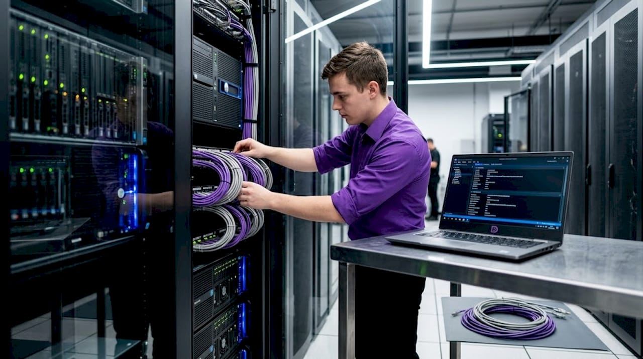Technician managing crowded shared server rack
