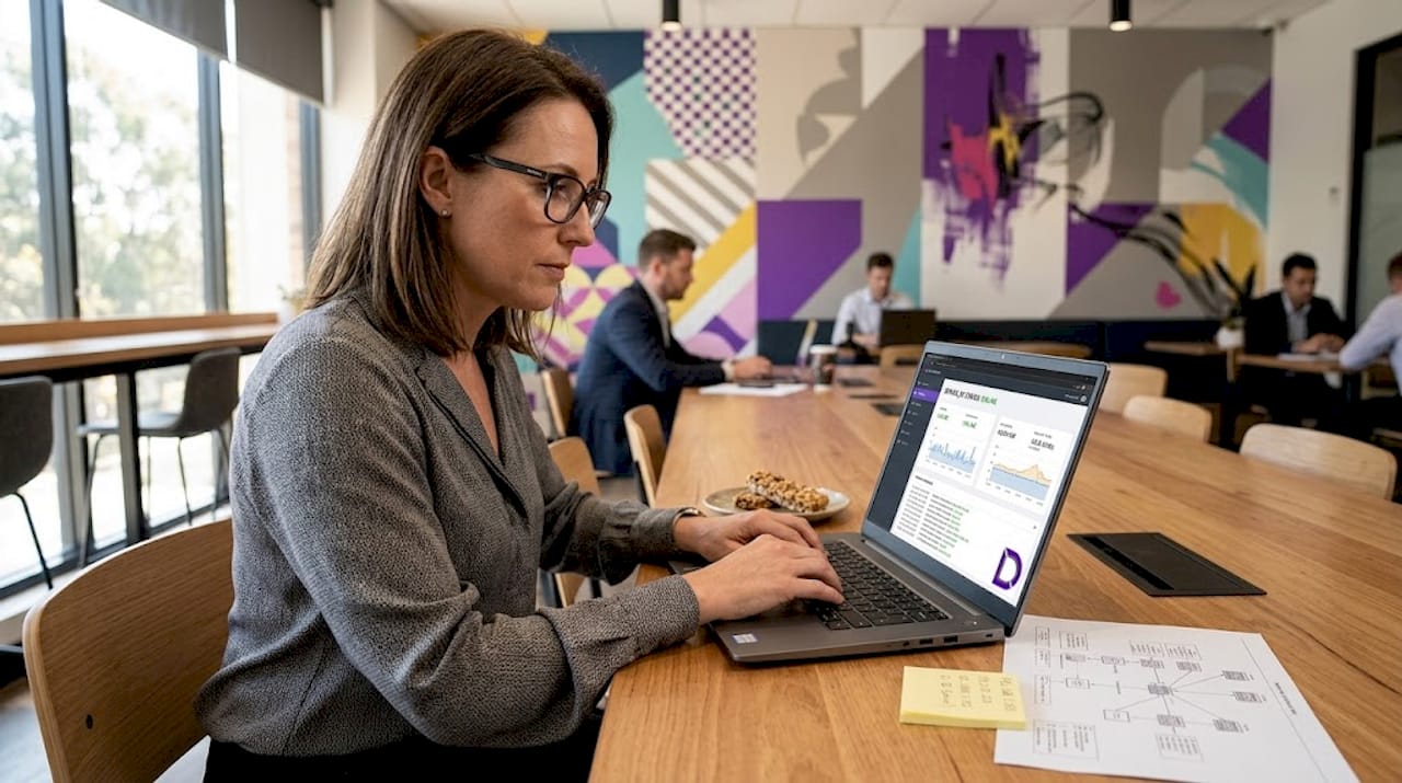 Woman checking server migration status in office