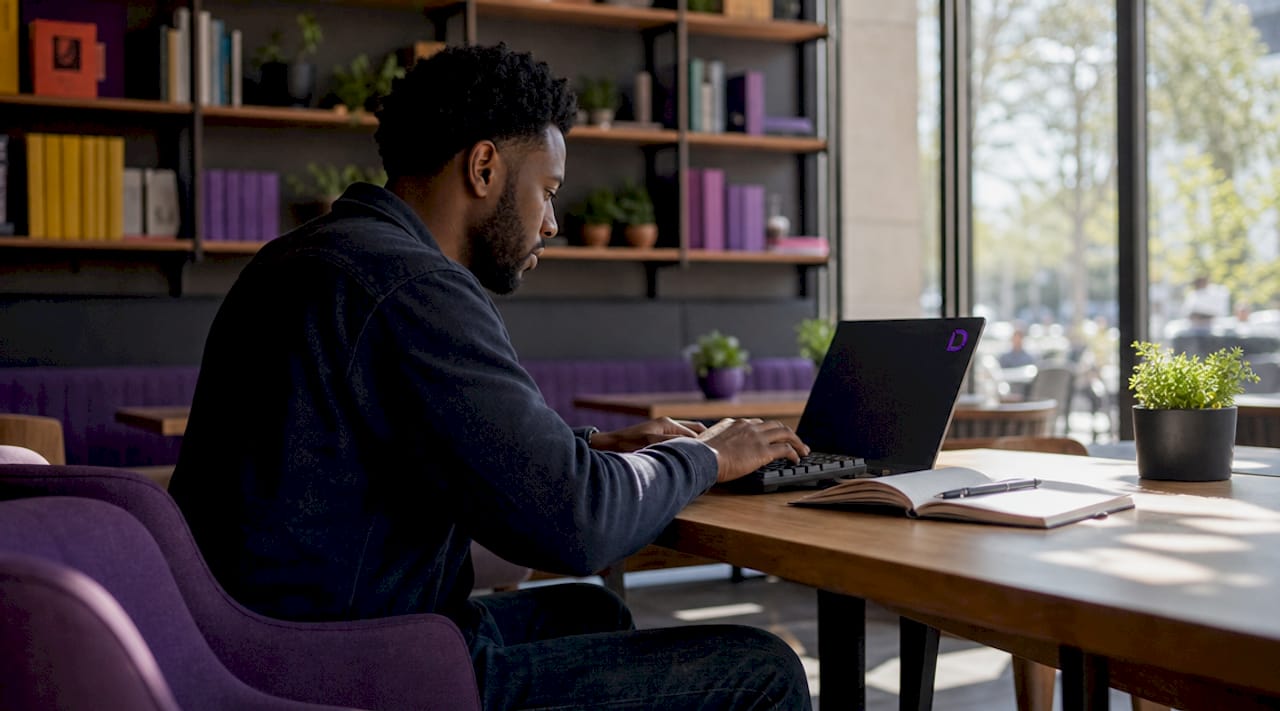 Hands typing on keyboard in co-working space