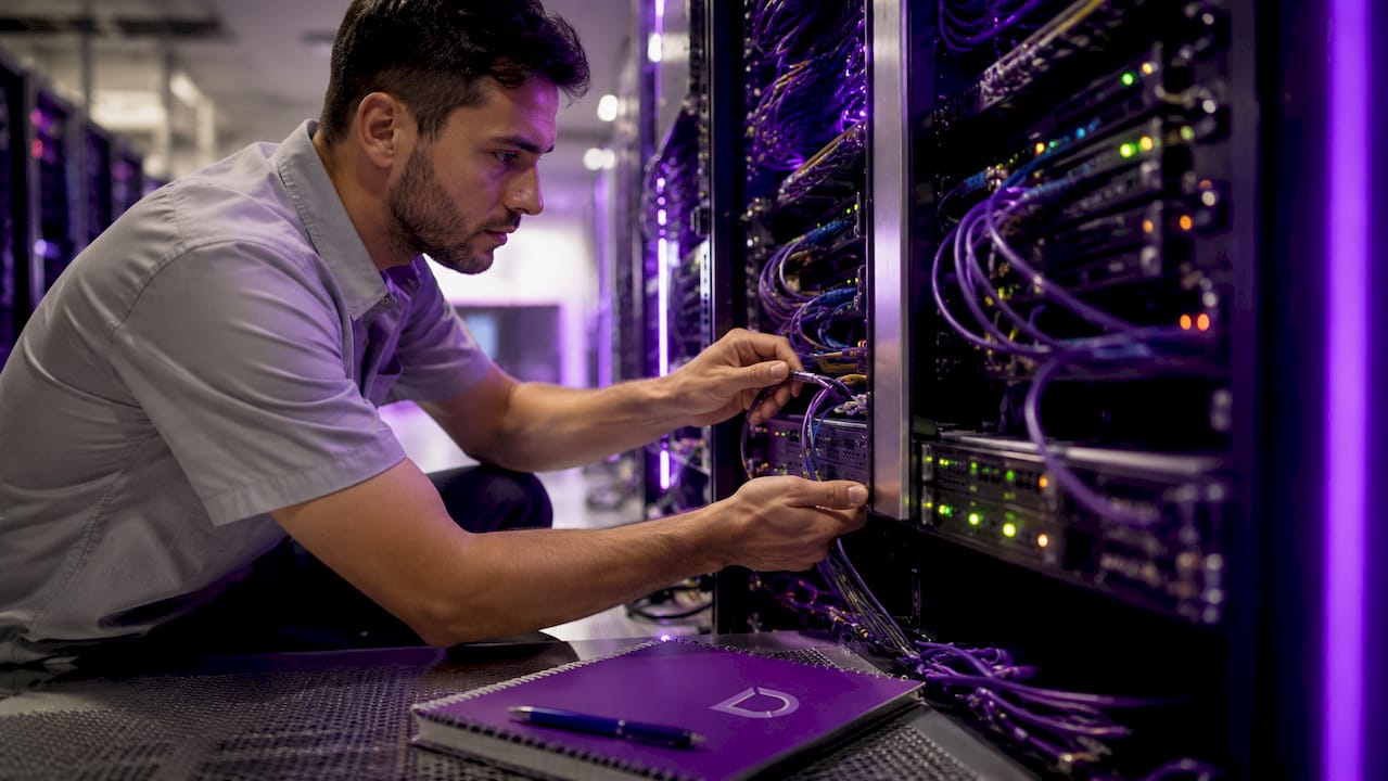 Hands connecting Ethernet cable to server rack