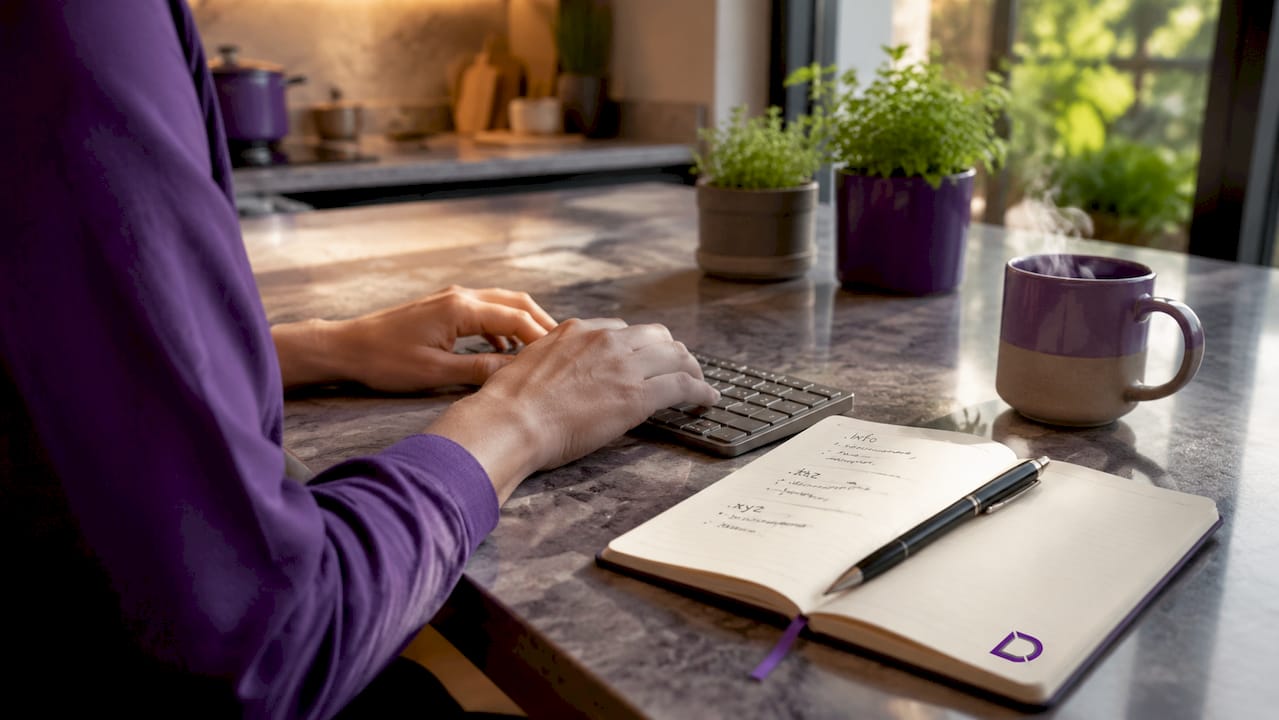 Hands typing with domain extensions reference sheets