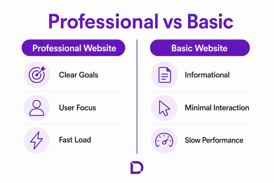 Infographic comparing professional and basic websites with key features