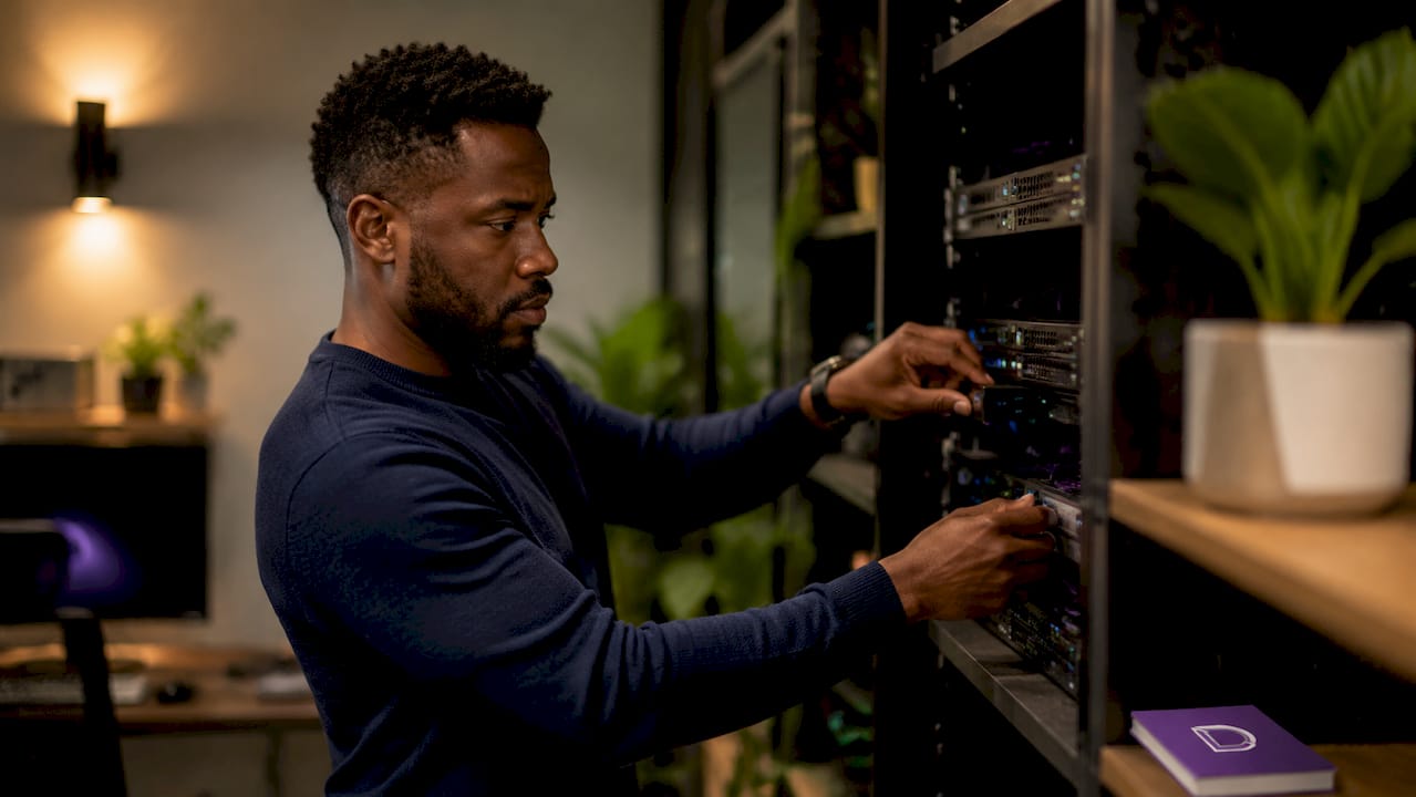 Man managing container hosting server equipment