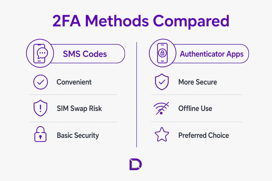 Infographic comparing SMS codes and authenticator apps for 2FA