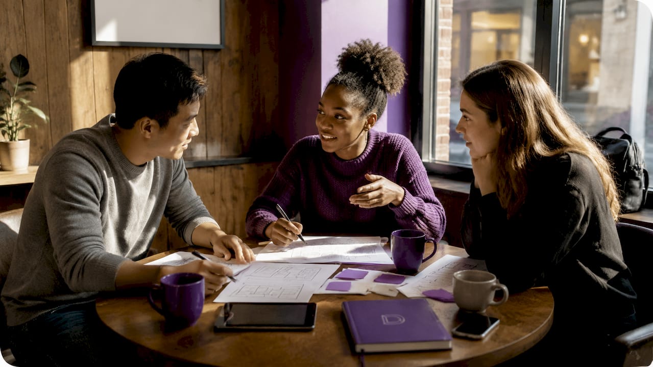 Diverse team reviewing portfolio website structure sketches