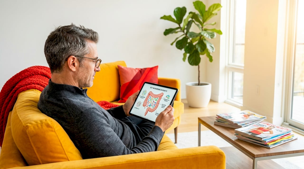 Man reviewing gut health chart in living room