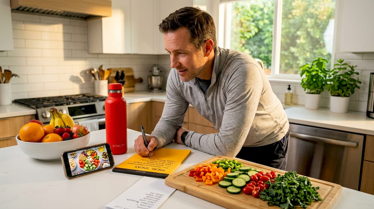Man planning meals at kitchen table with tablet