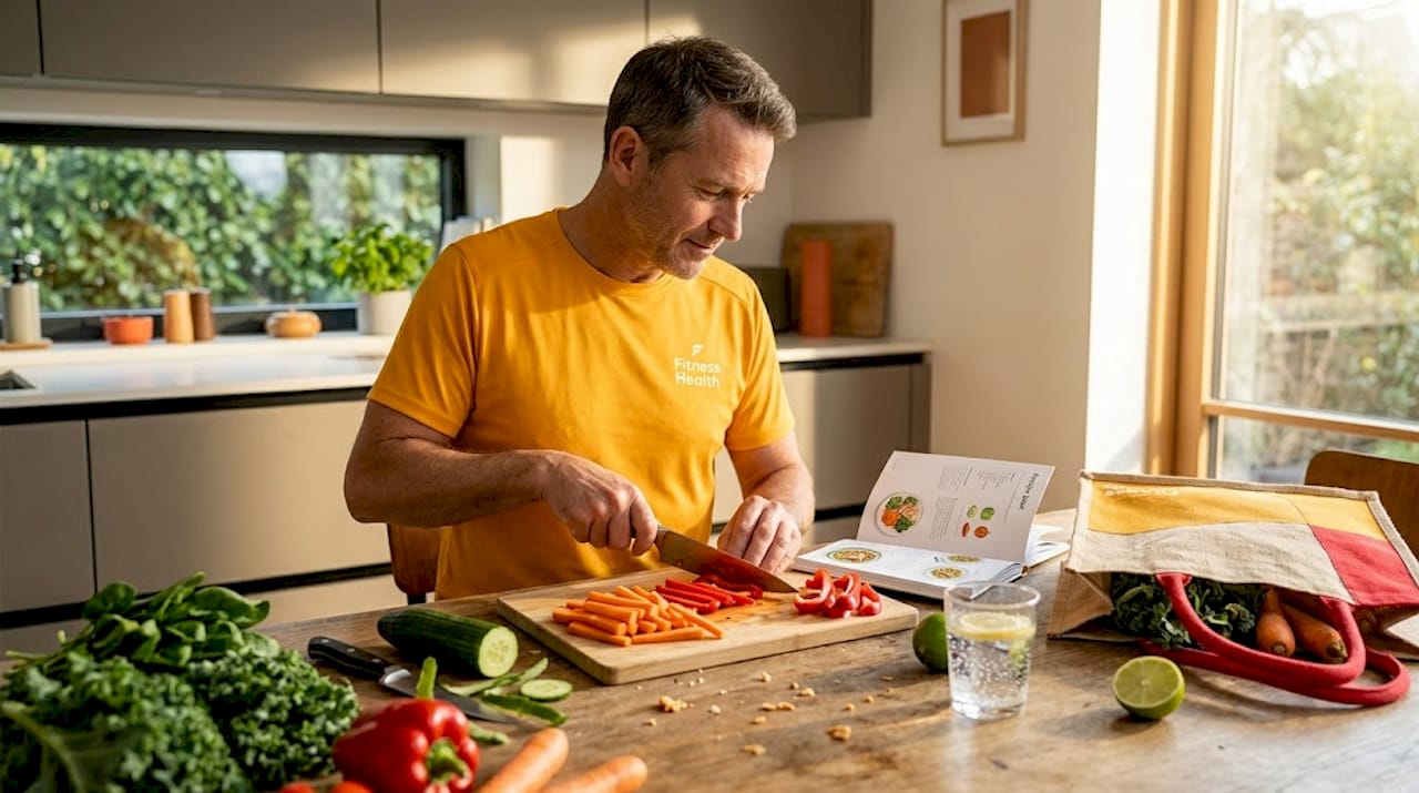 Man making fresh salad at kitchen island