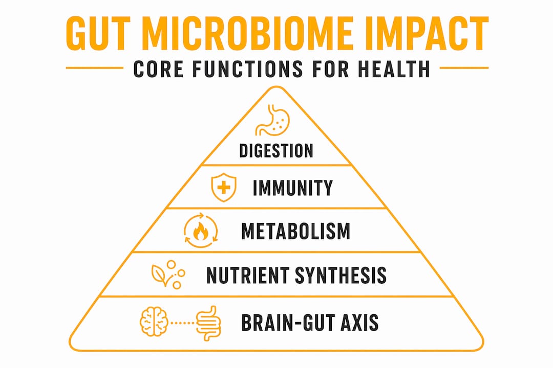 Pyramid infographic showing gut microbiome health roles