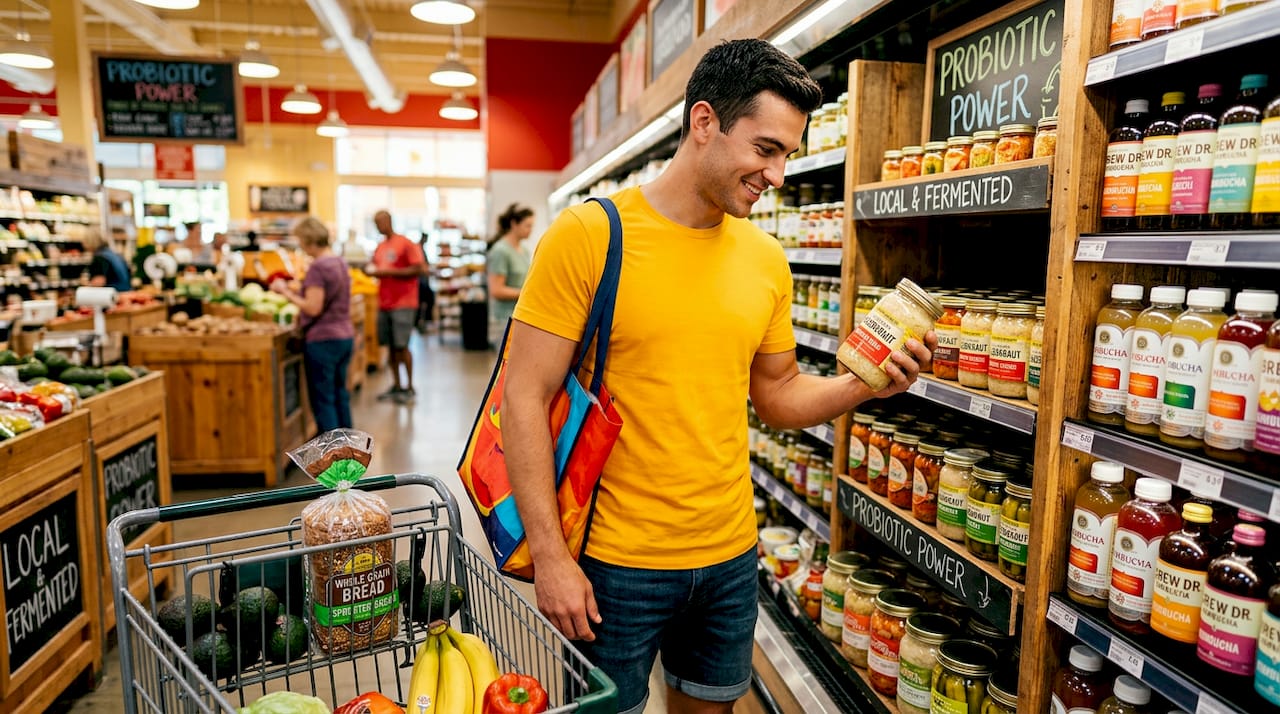 Man choosing fermented foods at grocery store