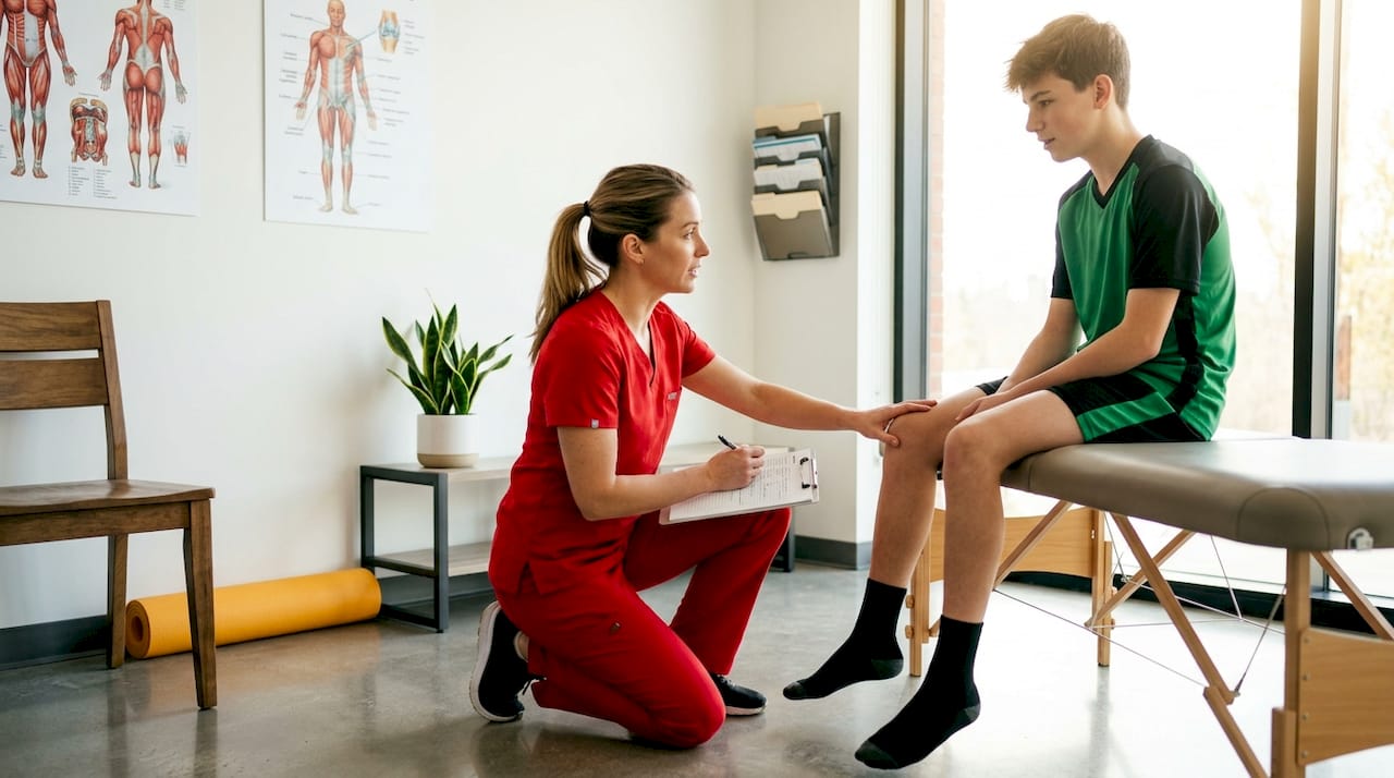 Physiotherapist examining athlete's knee in clinic