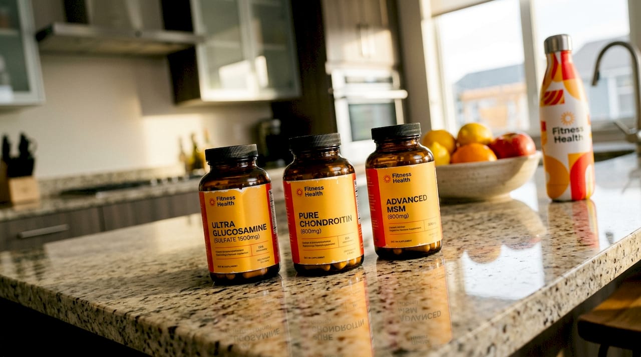 Glucosamine, chondroitin, and MSM bottles on table