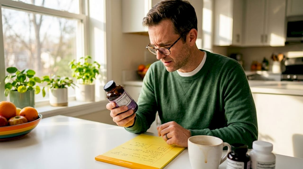 Person reading elderberry supplement label at desk