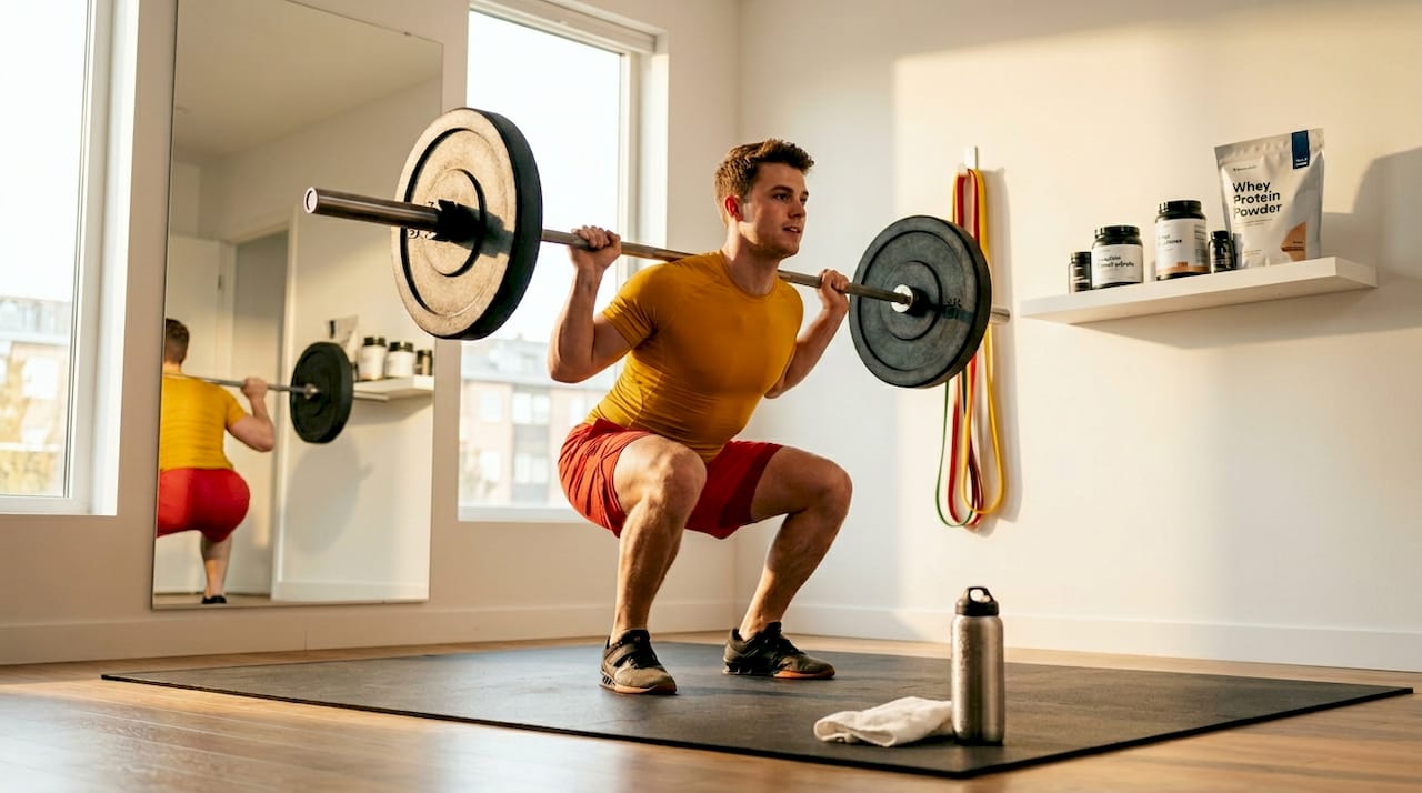 Athlete doing squats with creatine supplements in background