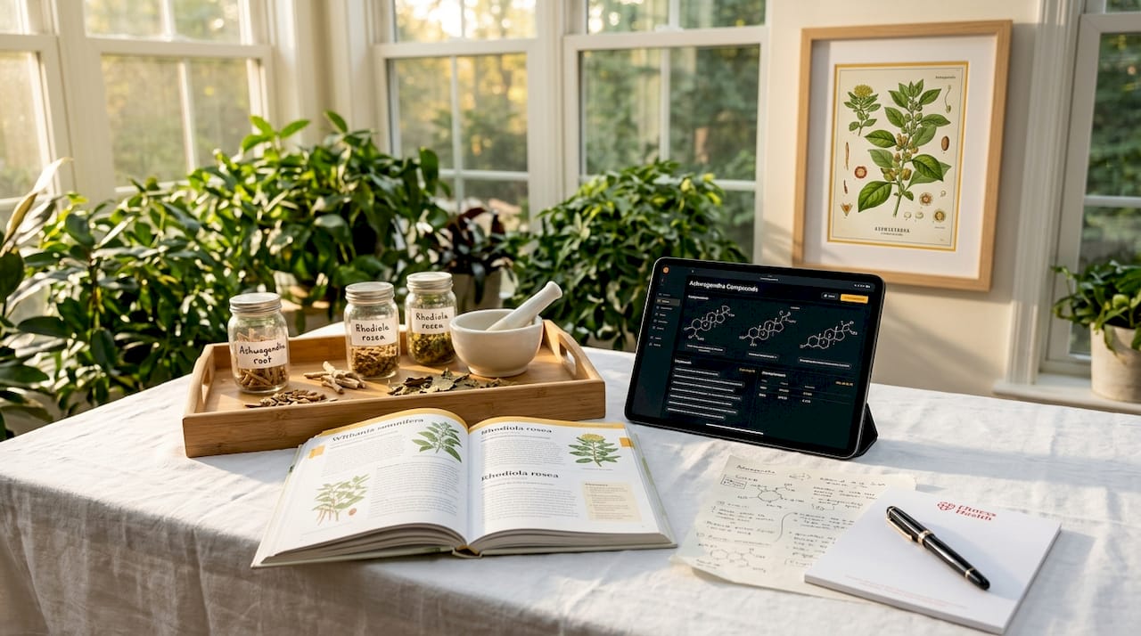 Desk with botanical herb study and tablet