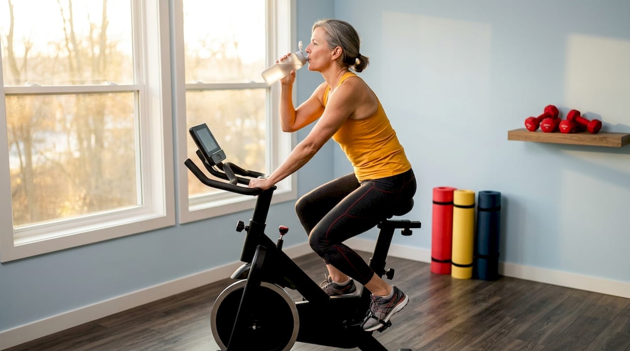 Woman cycling on stationary bike for active recovery