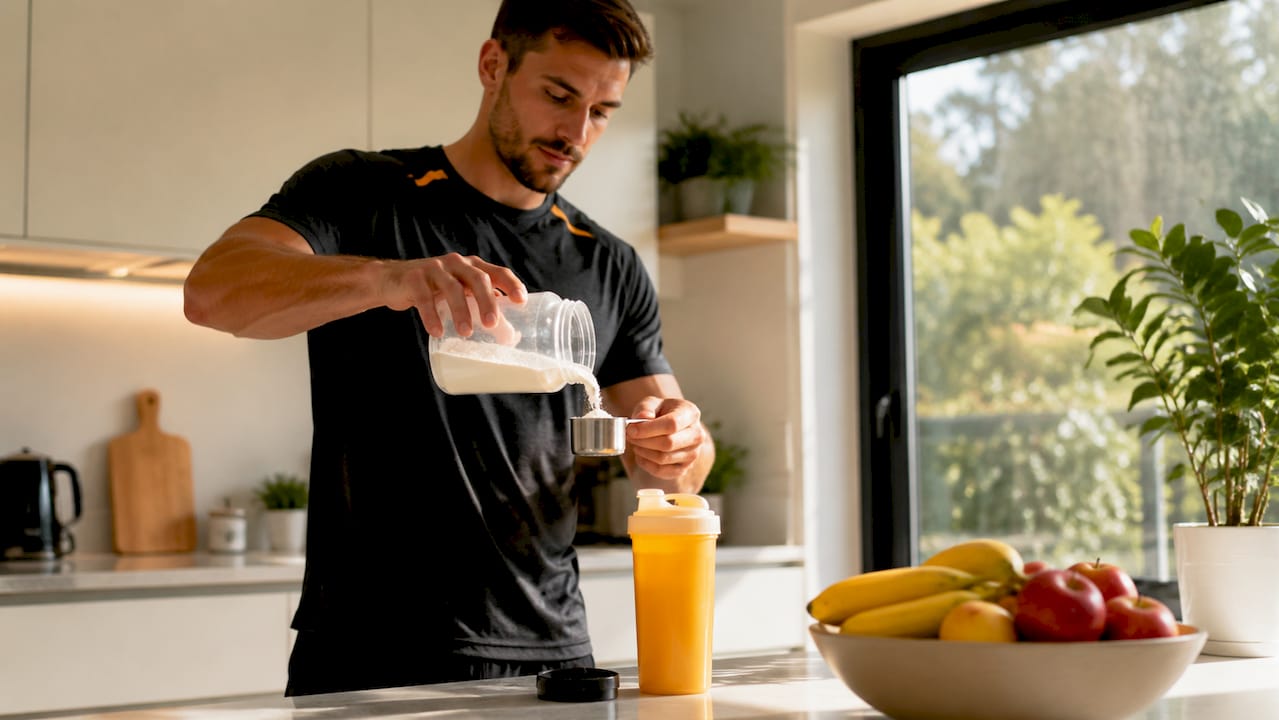 Hands scooping creatine powder at home table