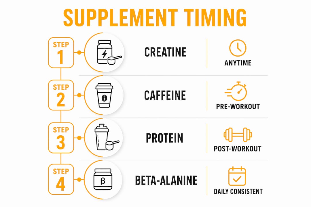Infographic showing supplement dosing and timing steps