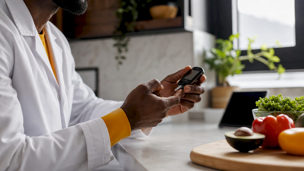 Nutritionist handling glucose meter and meal plan