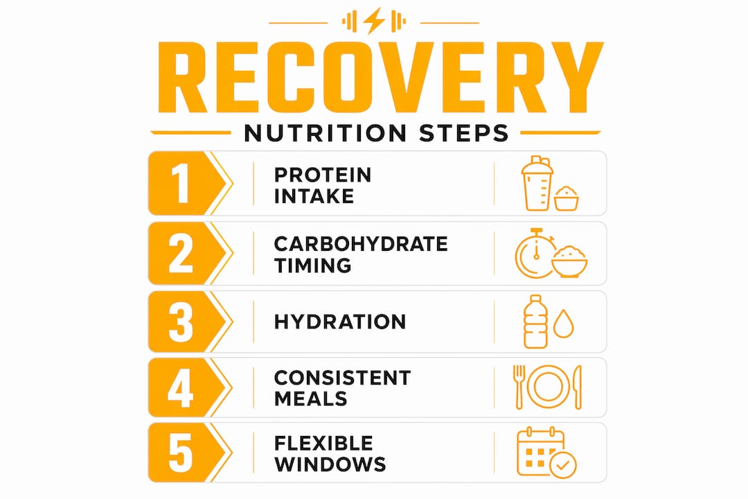 Infographic illustrating key steps in recovery nutrition timing
