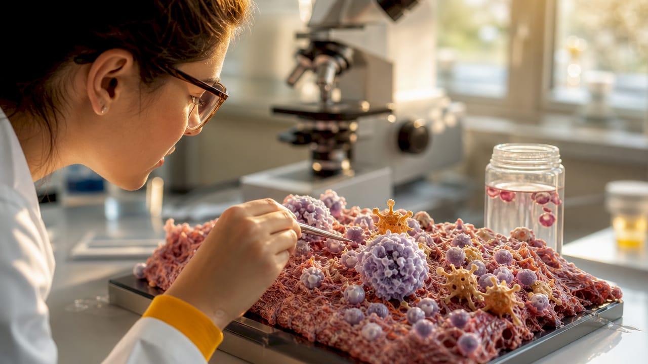 Close-up model of innate immune system cells on lab bench