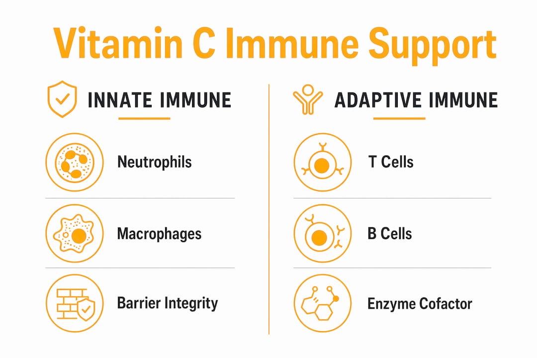 Infographic comparing innate and adaptive immune support by vitamin C